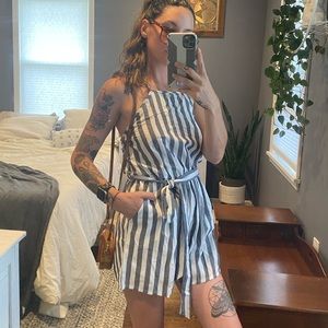 Stripped linen high neck romper